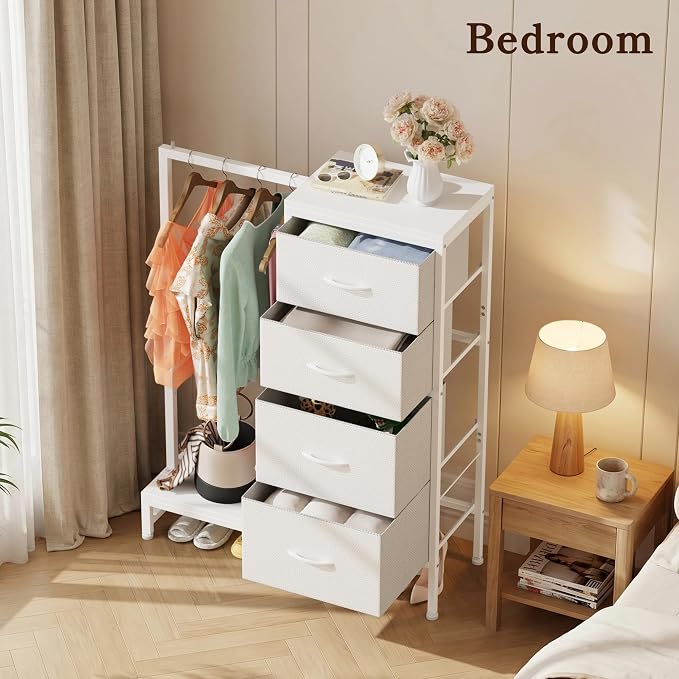 HIGDBFE Tall Dresser 44''H with Hanging Rack, 4 Drawers Small Closet Dresser for Bedroom, Reversible Fabric Chest of Drawers with Clothes Rack, Tall Storage Tower, Sturdy Frame, White
