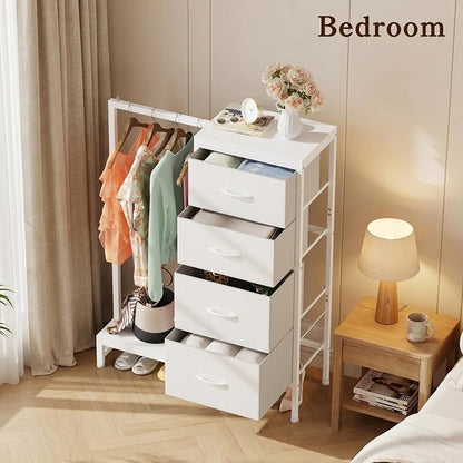 HIGDBFE Tall Dresser 44''H with Hanging Rack, 4 Drawers Small Closet Dresser for Bedroom, Reversible Fabric Chest of Drawers with Clothes Rack, Tall Storage Tower, Sturdy Frame, White