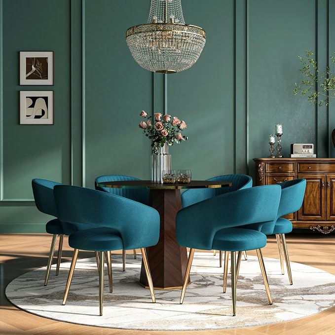 Hyfirm Teal Velvet Dining Chairs Set of 6, Modern Gold Legs Dining Room Chairs with Hollow Back, Upholstered Accent Kitchen Chairs for Living Room/Reception/Restaurant
