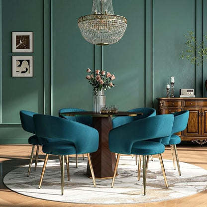 Hyfirm Teal Velvet Dining Chairs Set of 6, Modern Gold Legs Dining Room Chairs with Hollow Back, Upholstered Accent Kitchen Chairs for Living Room/Reception/Restaurant