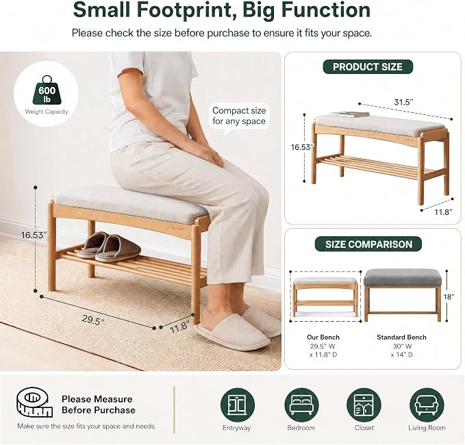 Solid Wood Shoe Bench Assembled, Shoe Rack Bench with Cushion for Entryway, Living Room, Bedroom, Hallway, 11.8" x 31.5" x 16.5", Natural