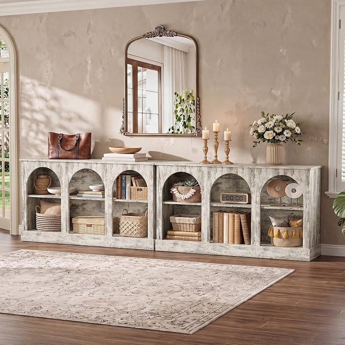 Tribesigns Farmhouse Console Table Set of 2, Extra Long Entryway Table with 3 Tier Storage, Wooden Rectangular Sofa Table Behind The Couch for Entrance, Hallway, Living Room, Distressed White