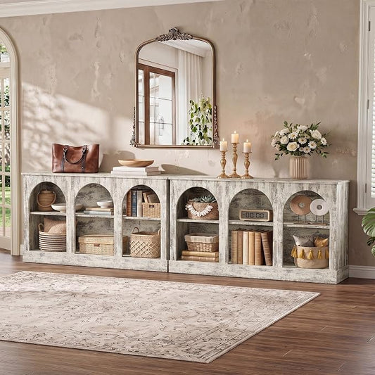 Tribesigns Farmhouse Console Table Set of 2, Extra Long Entryway Table with 3 Tier Storage, Wooden Rectangular Sofa Table Behind The Couch for Entrance, Hallway, Living Room, Distressed White