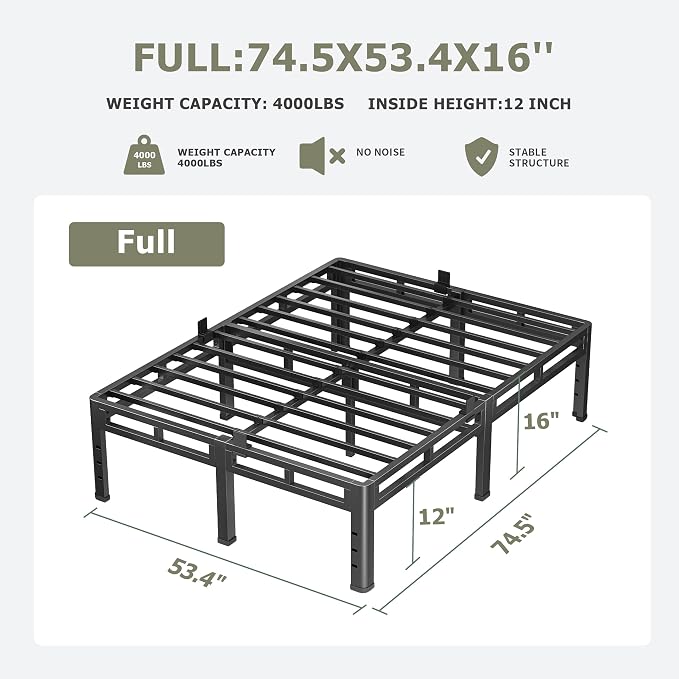 NKZ Full Size Bed Frame 16 Inch, Metal Bed Frame & Box Spring 2 in 1 Platform with Round Corner Legs, 4000lbs Weight Capacity Reinforced Metal Frame, Headboard Hole, Noise-Free, Easy Assembly