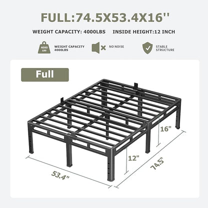 NKZ Full Size Bed Frame 16 Inch, Metal Bed Frame & Box Spring 2 in 1 Platform with Round Corner Legs, 4000lbs Weight Capacity Reinforced Metal Frame, Headboard Hole, Noise-Free, Easy Assembly