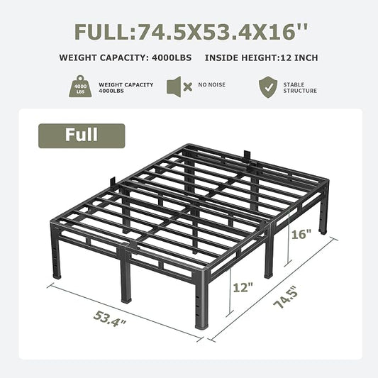 NKZ Full Size Bed Frame 16 Inch, Metal Bed Frame & Box Spring 2 in 1 Platform with Round Corner Legs, 4000lbs Weight Capacity Reinforced Metal Frame, Headboard Hole, Noise-Free, Easy Assembly