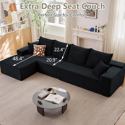 140" L Shaped Cloud Sectional Couch for Living Room, Modular Floor Deep-Seat Sofa, Big Comfy Corduroy Couches Set with Fluffy Memory Foam for Living Room Bedroom, No Assembly Required, Black