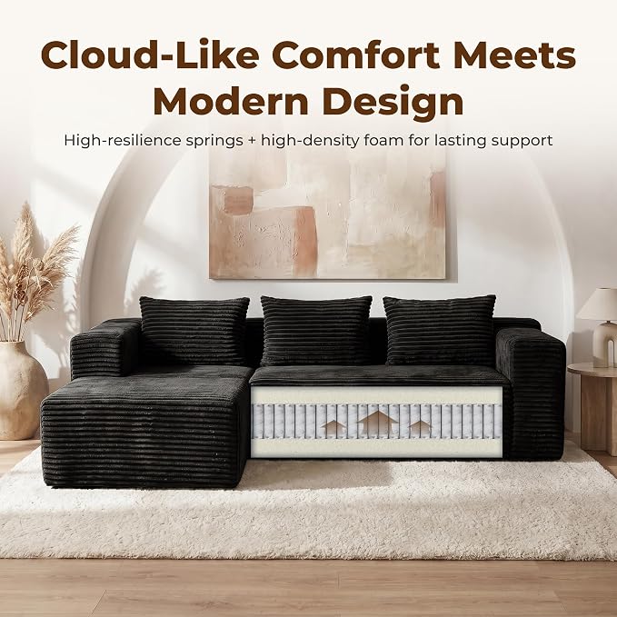 Modular Sectional L-Shaped Sofa with Deep Seat, Modern Boneless Comfy Corduroy Fluffy Couch with Side Pockets and Anti-Slip & Floor-Friendly Bottom for Living Room, No Assembly, Black
