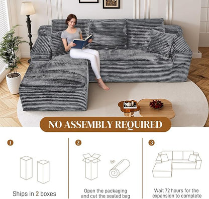 108" L Shaped Boneless Sectional Couches for Living Room, Comfy Corduroy Floor Cloud Sofa with Chaise, Wide Armrest, Deep Seat, Memory Foam, Assembly Free, Ideal for Small Spaces, Grey