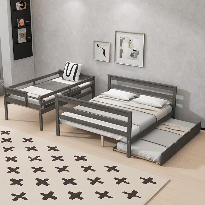 Wood Bunk Bed Twin XL Over Queen Size with Trundle, Detachable Design Bunk Bed Frame with Safety Guardrail, Ladder and Sturdy Slats Support (Grey+Trundle)