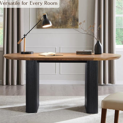T4TREAM 63" Fluted Oval Dining Table for 4-6, Mid-Century Modern Kitchen Table with Thickened Edge & Strip Base, Wood Luxury Table for Dining Room/Kitchen/Home Office, Gold Brown&Black(Table Only)