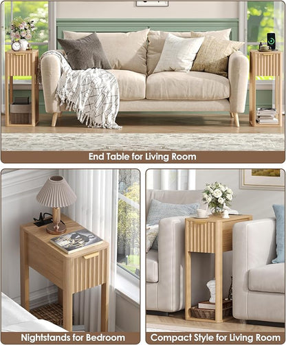 Akxomel Narrow Fluted Nightstands Set of 2, Wooden Slim Bedside Table with Charging Station, Mid-Century Modern Night Stand with Drawer and Open Shelf, Small Side End Table, for Bedroom, Natural Oak