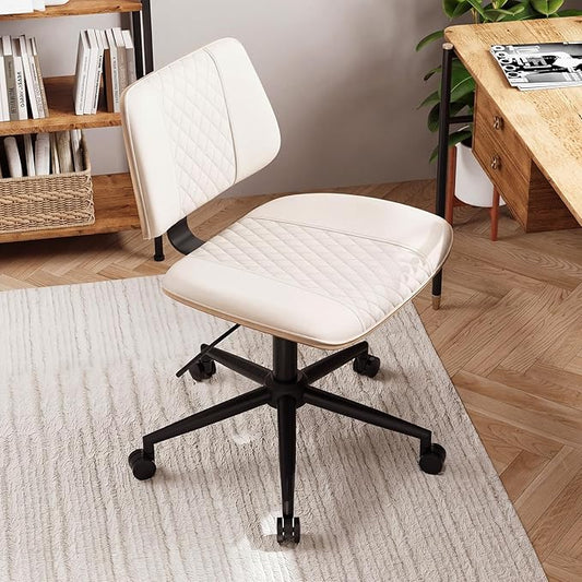 Modern Armless Office Chair with Wheels, Adjustable Swivel Desk Chair with Wide Seat and Tilt Function, Faux Leather Mid Century Task Chair for Home Office, Bedroom, Vanity, Beige