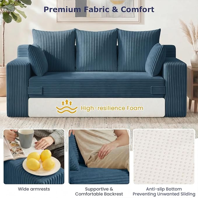 Boneless Couch for Living Room, 3 Seater Convertible Futon Sofa Bed Comfy Pull Out Couch with 5 Pillows & Detachable Washable Cover, Upholstered Floor Sofa in A Box, No Assembly Required, Blue