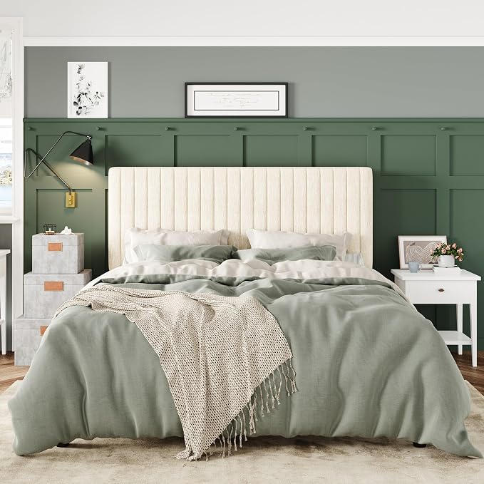 Allewie Queen Bed Frame, Upholstered Platform Bed with Adjustable Vertical Channel Tufted Headboard, Mattress Foundation with Strong Wooden Slats, Box Spring Optional, Easy Assembly, Chenille White