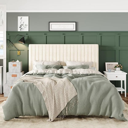 Allewie Full Bed Frame, Upholstered Platform Bed with Adjustable Vertical Channel Tufted Headboard, Mattress Foundation with Strong Wooden Slats, Box Spring Optional, Easy Assembly, Chenille White