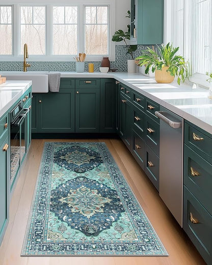 RELEANY Area Rugs Runner 2'x6' Washable Non-Slip, Floral Vintage Distress Medallion Carpet for Kitchen Hallway Bedroom Beside Laundry Room Bathroom, Teal Green Lake Blue Turquoise