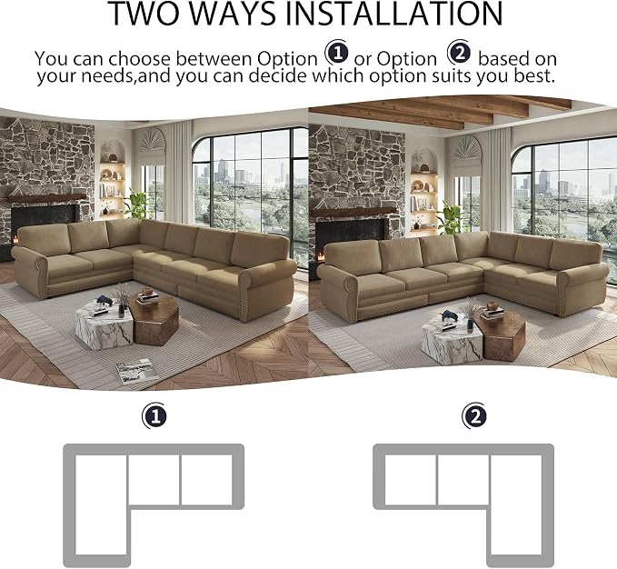 118" L-Shaped Sleeper Couch Bed - Oversize Convertible with Pull-Out Sofa Bed, Button Tufted Chesterfield Sofa, Chenille Sectional Vintage Couches for Living Room/Apartment(6-Seater, Camel) | Oversize Convertible