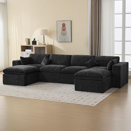 146''Cloud Boneless Modular Couch, Oversized Sectional Sofa Deep Seat with 2 Ottomans, Modern Upholstered Convertible U Shape Couch Comfy 6 Seater Chenille Sofa Couches for Living Room, Dark