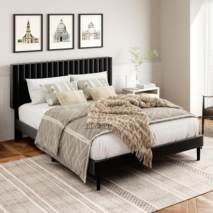 HAOARA Queen Size Platform Bed Frame with Velvet Upholstered Headboard, Queen Bed Frame with Strong Wood Slats, Box Spring Optional, Mattress Foundation, Easy Assembly Black