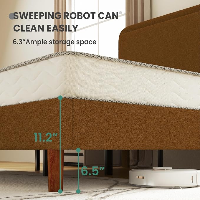 Full Size Boucle Upholstered Bed Frame with Adjustable Headboard, Cloud Platform Bed, Solid Wooden Legs, No Box Spring Needed, Easy Assembly, Brown