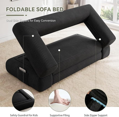 Jocoevol 4-in-1 Convertible Folding Sofa Bed, 78"W x 68"L Queen Size Foldable Sleeper Sofa Bed, Wide Corduroy Upholstery, Boneless Mattress Couch with Armrests & Neck Pillow for Living/Bedroom, Black