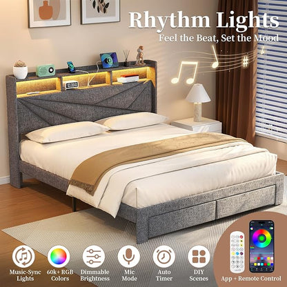 Queen Bed Frame with Storage Headboard, Upholstered Queen Size Bed Frame with LED Lights, USB Charging Station & 2 Storage Drawers, No Box Spring Needed, Light Grey