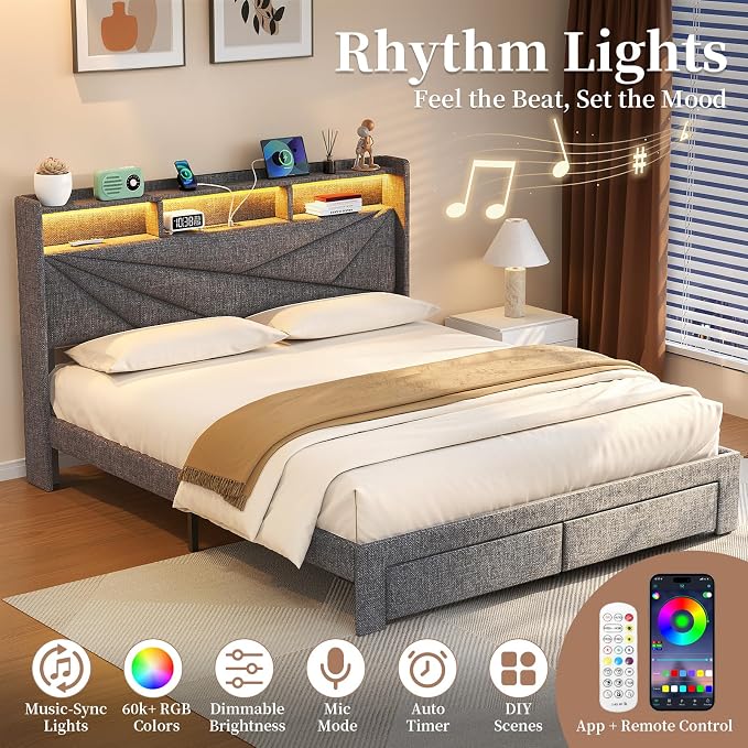 Full Size Bed Frame with Storage Headboard, Upholstered Full Bed Frame with LED Lights, USB Charging Station & 2 Storage Drawers, No Box Spring Needed, Light Grey