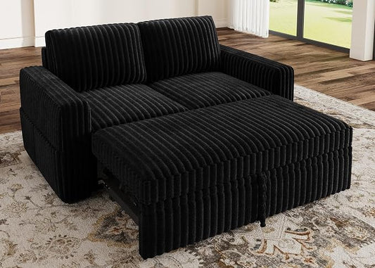 HONBAY Modular Pull Out Sofa Bed,Corduroy Loveseat, Couches for Living Room,Black
