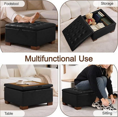WUTUTUEE 30" Faux Leather Square Storage Ottoman with Wooden Tray, Modern Tufted Button Footstool Coffee Table, Upholstered Large Ottoman for Living Room, Bedroom, Black