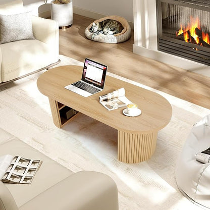 Oval Fluted Coffee Table, 47" Farmhouse Wood Coffee Table Mid Century Modern Center Table Boho Living Room Tables for Living Room Office,Natural