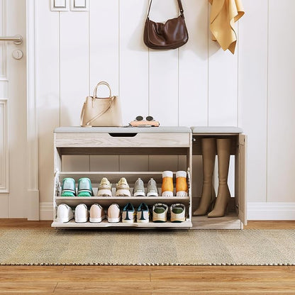 34" Storage Bench with Flip Drawers and Barn Doors, Adjustable Shelf, Flip-up Cabinet & Padded Cushion - Space-Saving Shoe Cabinet, Organizer for Entryway, Hallway, Bedroom