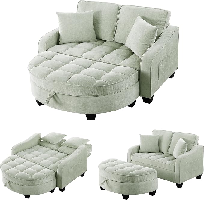 ERYE Chenille Tufted Loveseat Sofa and Ottoman Set, Tufted Recliner Sleeper Chaise Lounge with Curved Storage Ottoman,Reclining Backrest and Side Pockets, 4 Pillows