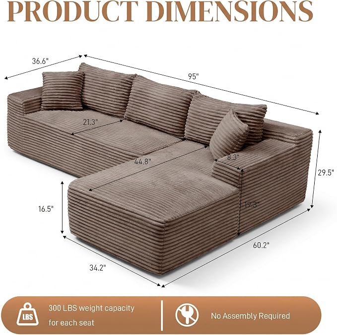 95" L Shaped Cloud Boneless Sectional Couches for Living Room, Modern Comfy Modular Deep Seat Memory Foam Compressed Corduroy Sofa Oversized Right Facing Chaise, No Assembly Required, Brown