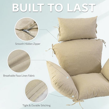 Egg Chair Cushion with 8 Securing Straps, Water-Repellent & Fade-Resistant Faux Linen, Removable Cover, Replacement Cushion for Most Single Outdoor Hanging Swing Egg Chairs – Nature