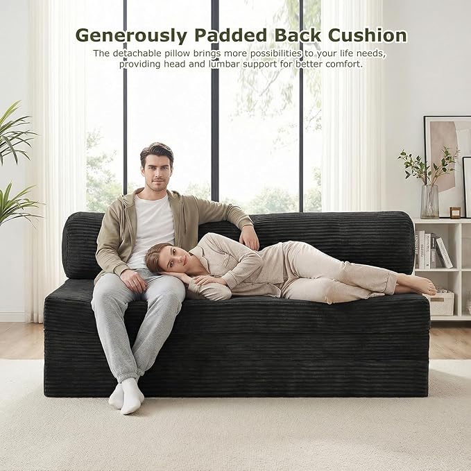 5-in-1 Convertible Sofa Bed, Boneless Couch Loveseat with Removable Cushions & Washable Cover, Futon Sofa Bed with Handle, Pull Out Couch for Small Spaces, Queen Size, Black