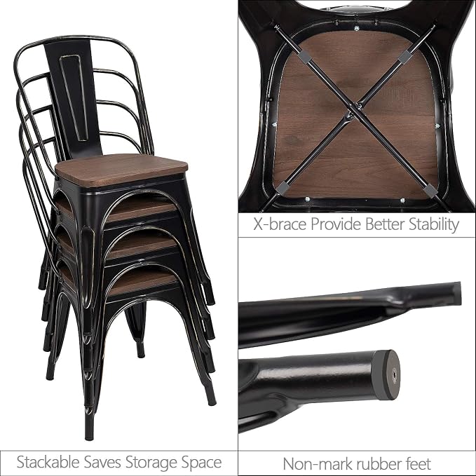 Furmax Metal Dining Chairs with Wood Seat, Indoor-Outdoor Use Stackable Chic Dining Bistro Cafe Side Metal Chairs Set of 4(Black)