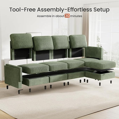 KKL Modular Sectional Sofa Bed with Storage Ottoman, Convertible L/U-Shaped Sleeper Couch for Living Room, Modern Reversible Design(Green,5 Seater L Shape)