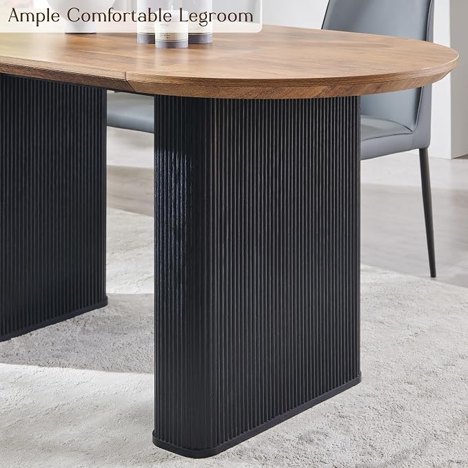 T4TREAM 63" Fluted Oval Dining Table for 4-6, Mid-Century Modern Kitchen Table with Thickened Edge & Strip Base, Wood Luxury Table for Dining Room/Kitchen/Home Office, Gold Brown&Black(Table Only)