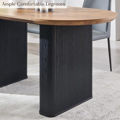T4TREAM 63" Fluted Oval Dining Table for 4-6, Mid-Century Modern Kitchen Table with Thickened Edge & Strip Base, Wood Luxury Table for Dining Room/Kitchen/Home Office, Gold Brown&Black(Table Only)