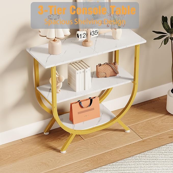 Trironsun 3 Tier Console Table with Storage 30" Height Entryway Table with Open Shelves Industrial Sofa Table Behind Couch for Living Room Hallway Entrance (Gold White)