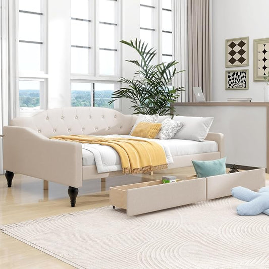 Merax Full Size Daybed with Storage, Solid Wood Sofa Bed Frame w/2 Drawers, Upholstered Tufted Daybed for Living Room, Bedroom and Guest Room, Beige