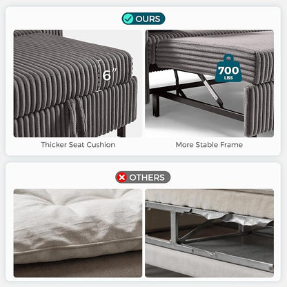 LINSY HOME 3-in-1 Pull Out Sofa Bed, 58" Convertible Sleeper Sofa for Living Room, 360° Swivel Table, Storage Armrests, Charging Station, Cup Holders, 2 Pillows, Corduroy Loveseat Futon Couch, Grey