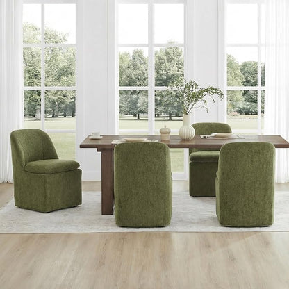 KISLOT Upholstered Dining Chairs Set of 1 with Casters, Modern Side Armless Deskchair with Washable Slipcover & Sturdy Metal Frame for Diningroom Bedroom Livingroom Reading Room, Green Fabric