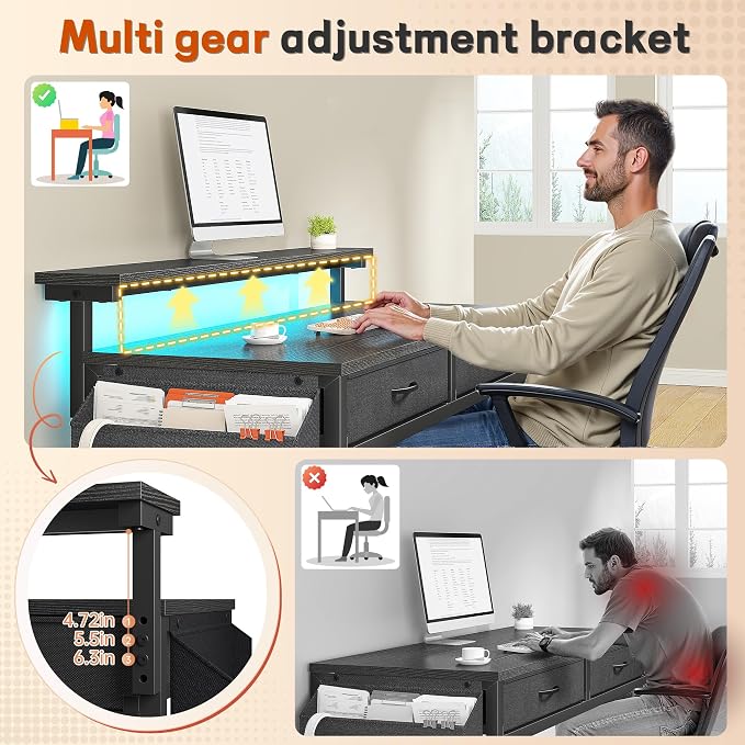 DurayLoly 31Inch Office Computer Desk with LED Lights & 2 Fabric Drawers, Gaming Desk with Side Pocket & Ergonomic Monitor Stand, Small Space Study Writing Table with Anti-Tip Design,Black