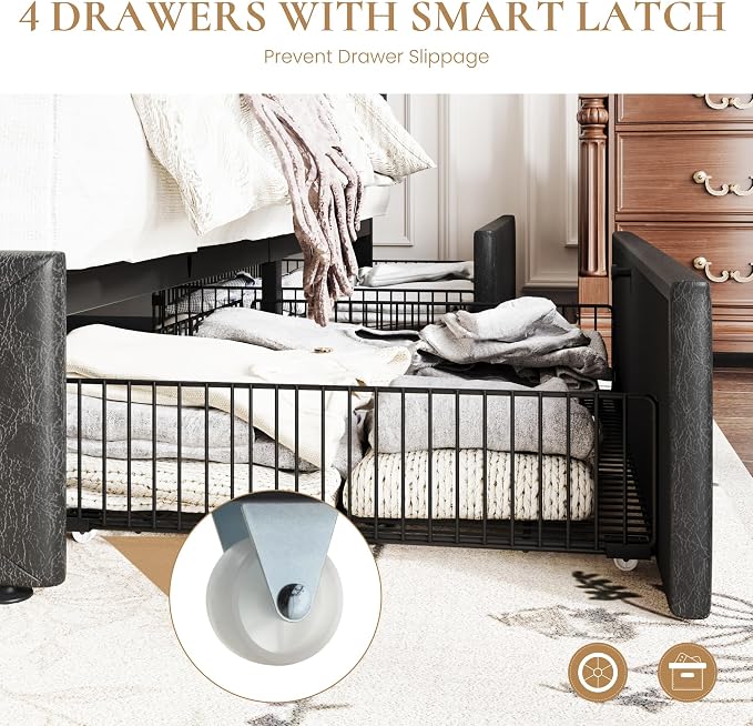 SHA CERLIN Upholstered Queen Platform Storage Bed Frame with 4 Drawers, Adjustable Headboard with Faux Leather Diamond Button Tufted Design, Wooden Slat Support, No Box Spring Needed, Black