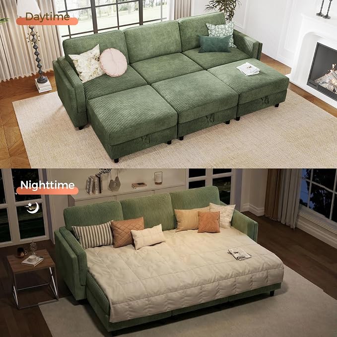 KKL 6 Seaters Sofa Bed for Living Room - Sofa Couch with Storage Ottoman, Convertible L/U-Shaped Sleeper Couch for Living Room, Modern Reversible Design, Green