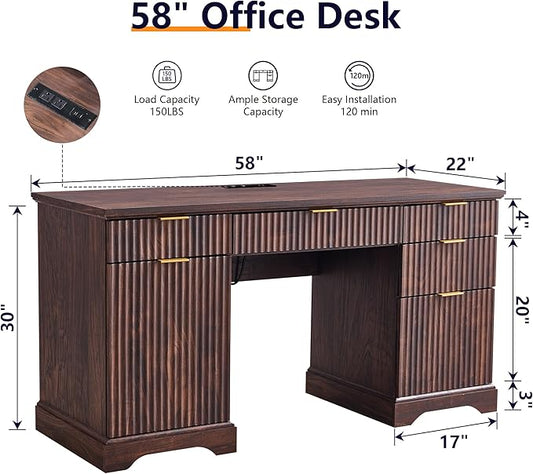 58" Modern Wood Executive Desk with 5 Drawers & 1 Cabinet, Built‑in Outlet | Fluted Computer Writing Desk for Study, Living Room, Bedroom, Dark Walnut