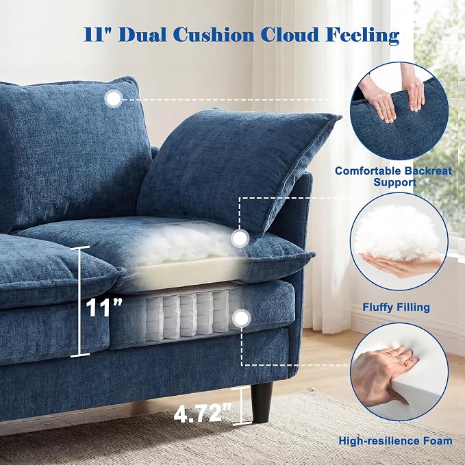 3 Seater L-Shape Couch Sofa with Ottoman, 69" Small Couch Modern Comfy Cloud Chenille Sofa 23" Deep with Washable Pillow Cover Couches for Living Room Bedroom Apartment Office 69-Blue-L