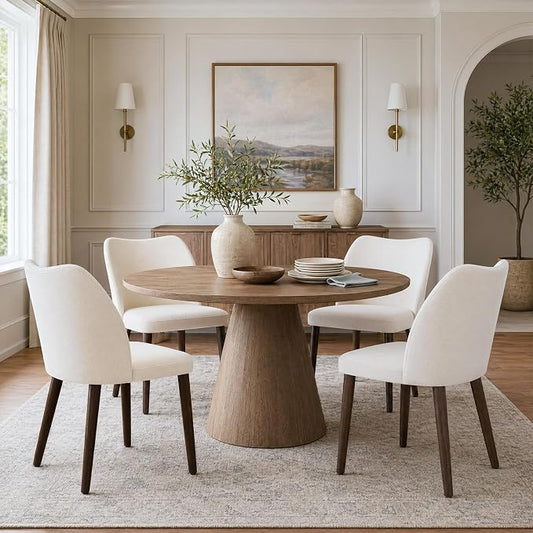 COLAMY Upholstered Dining Chairs Set of 4, Modern Kitchen & Dining Room Chairs with Curved Back, Fabric Padded Seat and Solid Wood Legs, Side Chairs for Restaurant, Cafe & Home, Beige